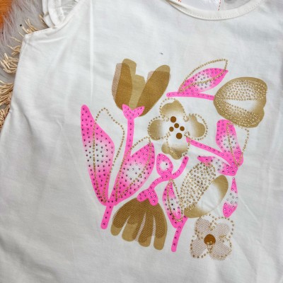 Conj. Blusa Flores e Short com Strass - Off White e Rosa